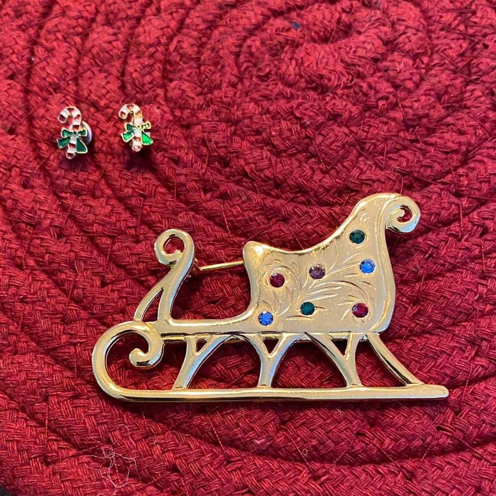 Festive Gold Sleigh Brooch with Gem Accents and Candy Cane Earrings